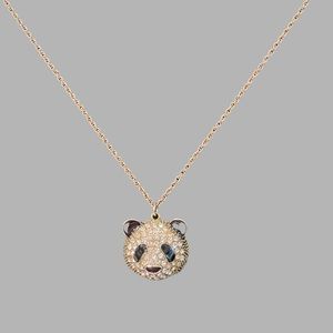 Panda Head Necklace with Rhinestones Gold Tone 24” Length.